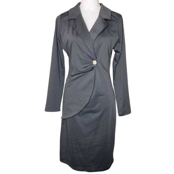 Dresses & Skirts - Black Pleated Accent Button Long Sleeve Fauz Wrap Collared Zip Up Dress